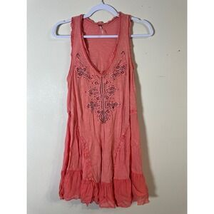 Free People Embroidered Tank Dress‎ Sleeveless Coral Pink Bohemian Size S